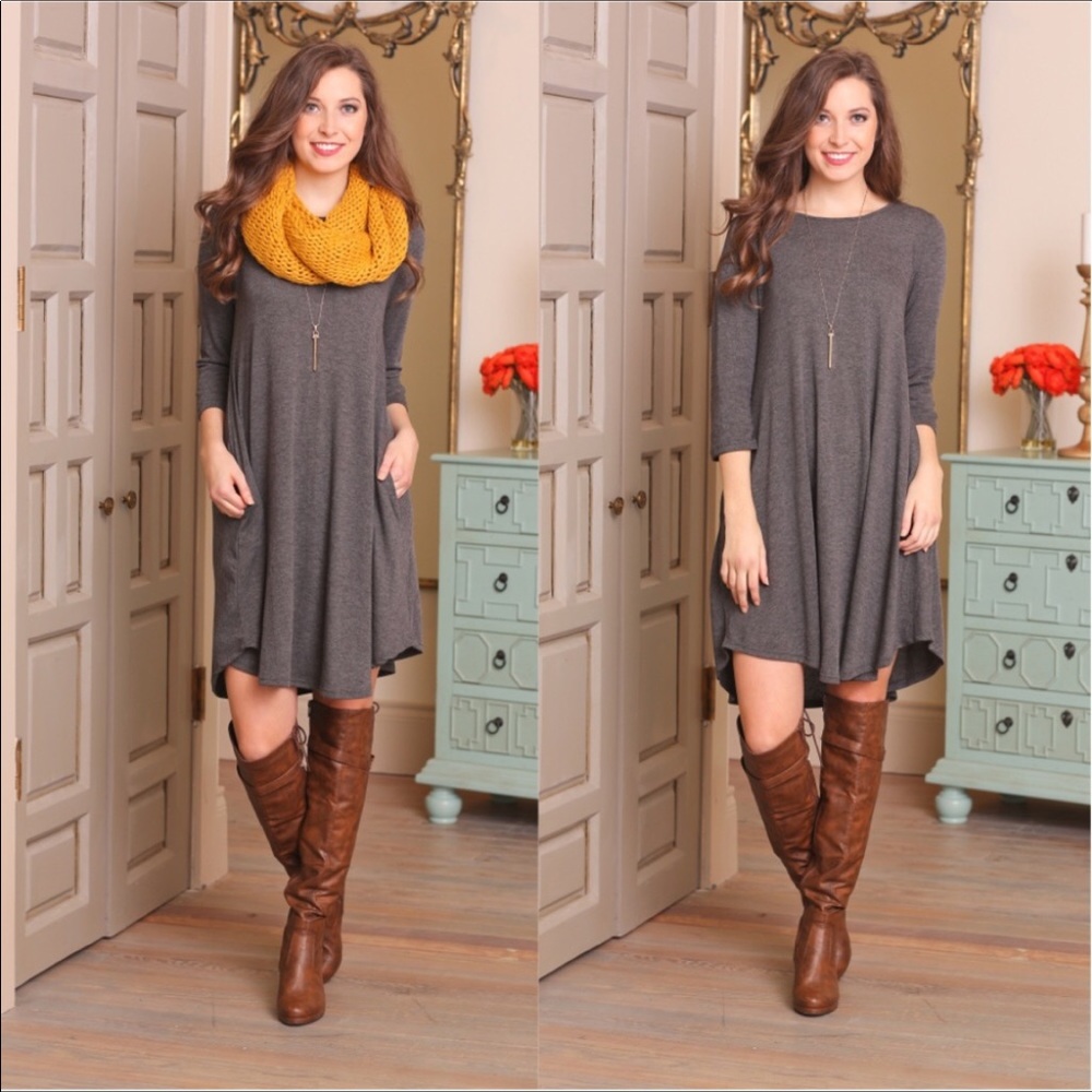 3/4 Sleeve Charcoal Gray Dress - Picture 2 of 4